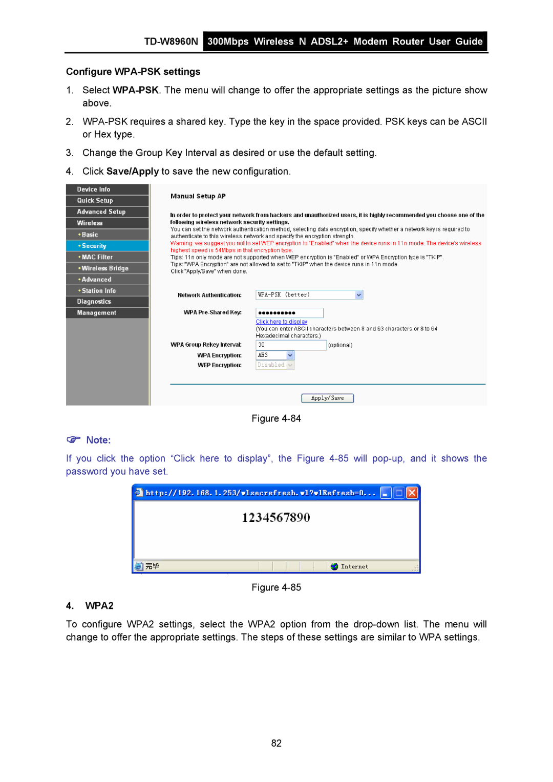 TP-Link TD-W8960N manual Configure WPA-PSK settings, WPA2 