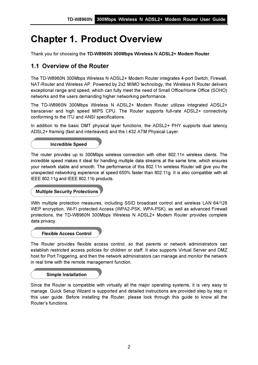 TP-Link TD-W8960N manual Overview of the Router, Incredible Speed, Multiple Security Protections, Flexible Access Control 