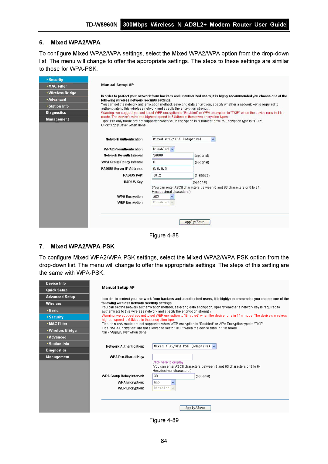 TP-Link TD-W8960N manual Mixed WPA2/WPA-PSK 