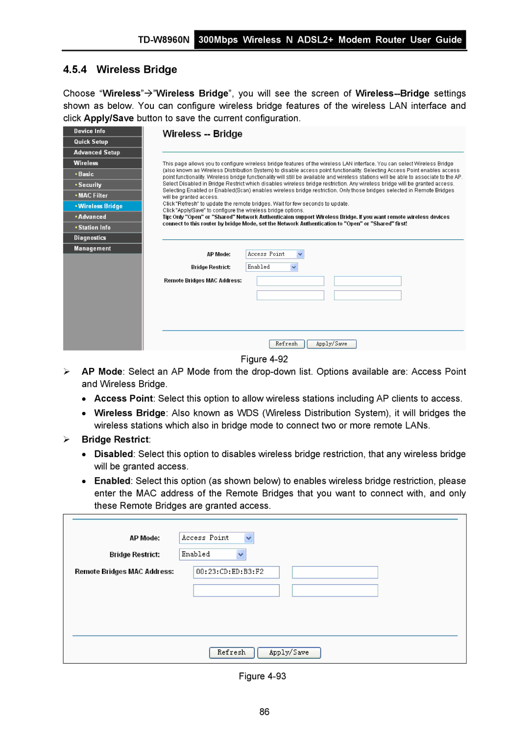 TP-Link TD-W8960N manual Wireless Bridge, ¾ Bridge Restrict 