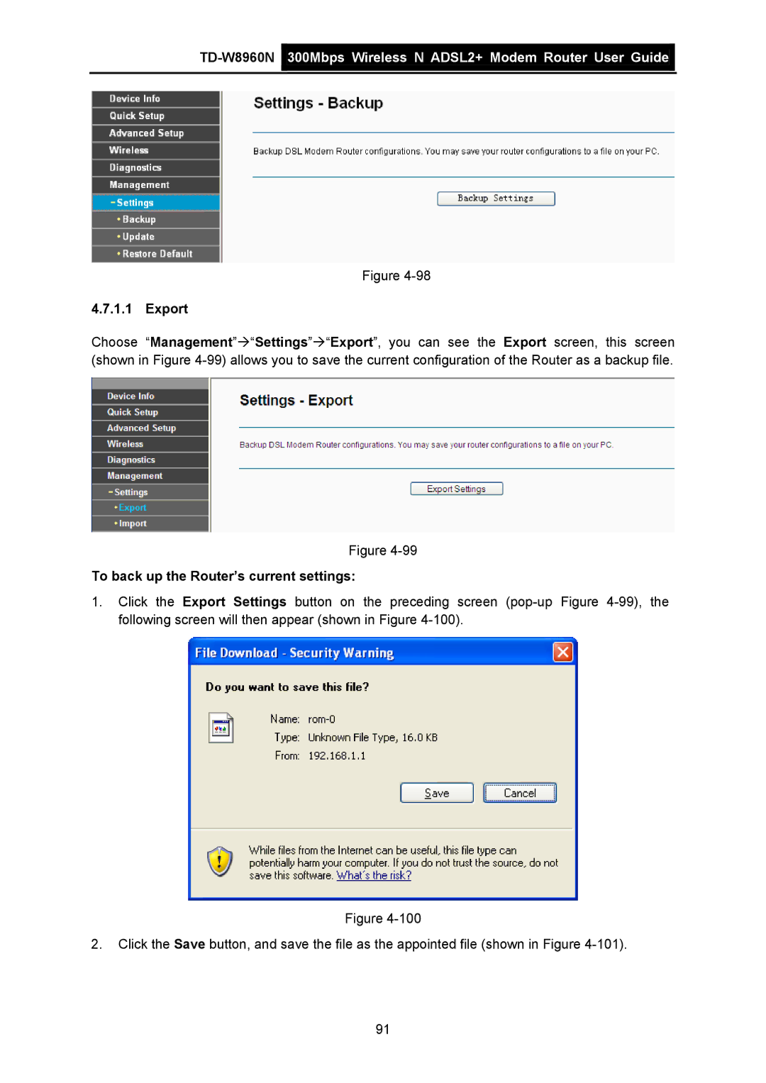 TP-Link TD-W8960N manual Export, To back up the Router’s current settings 