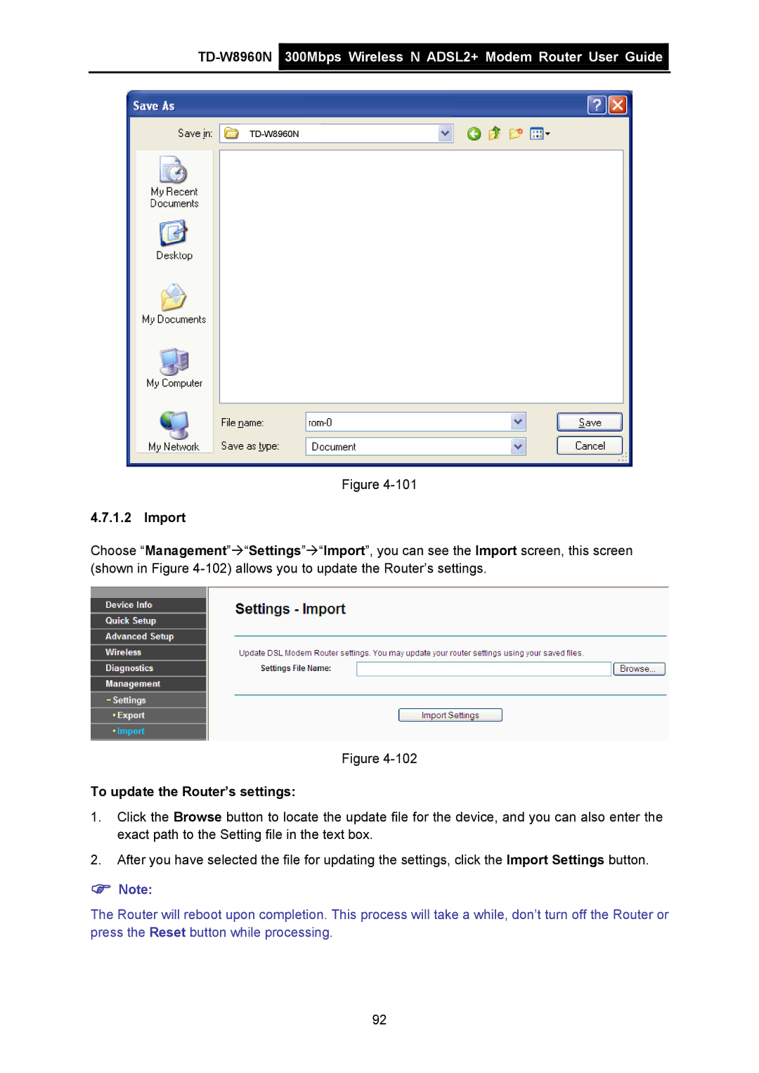 TP-Link TD-W8960N manual Import, To update the Router’s settings 