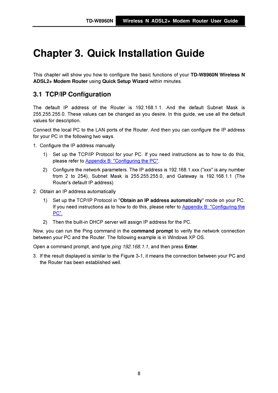 TP-Link TD-W8960N manual Quick Installation Guide, TCP/IP Configuration 