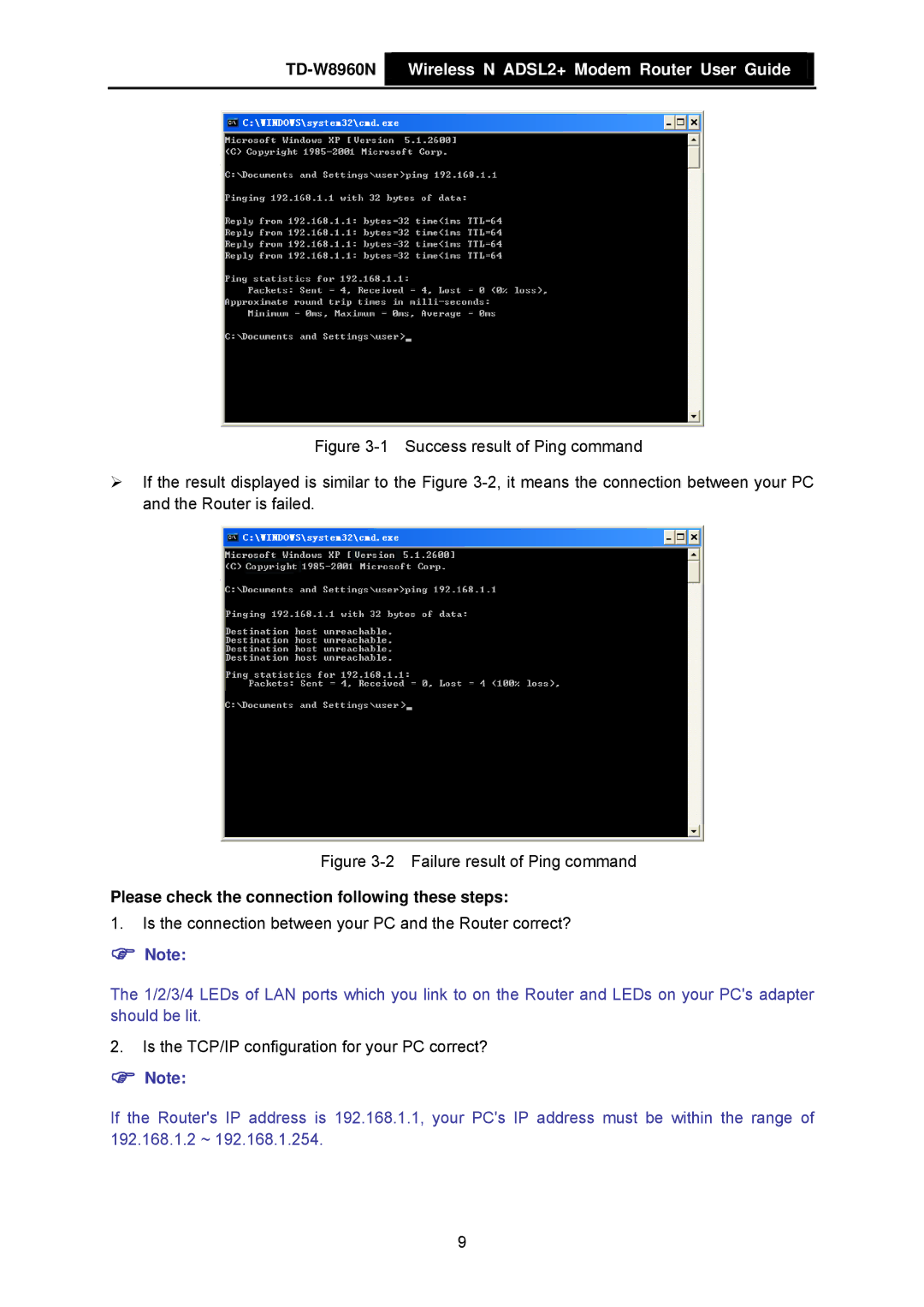 TP-Link TD-W8960N manual Failure result of Ping command, Please check the connection following these steps 