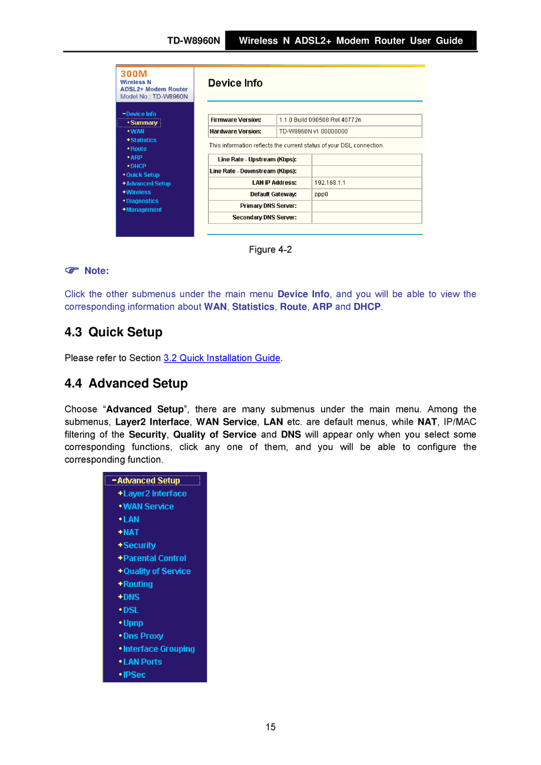 TP-Link TD-W8960N manual Quick Setup, Advanced Setup 