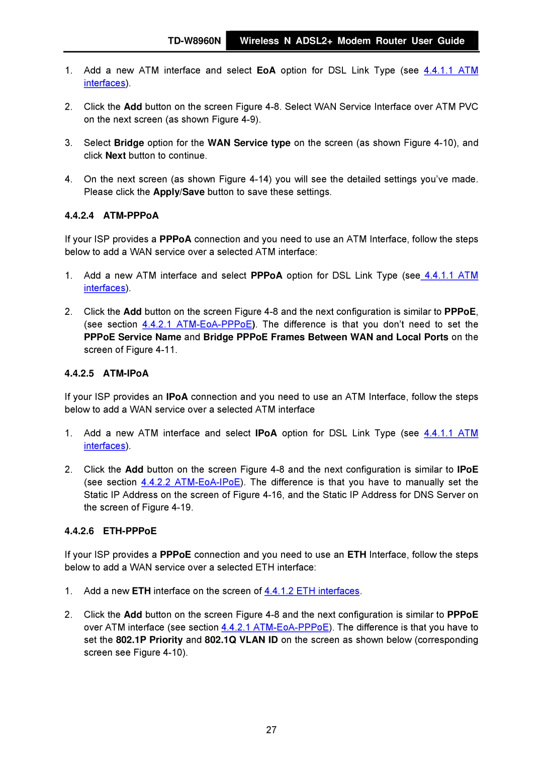 TP-Link TD-W8960N manual ATM-PPPoA, ATM-IPoA, ETH-PPPoE 