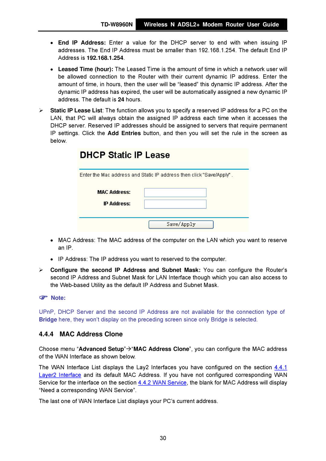 TP-Link TD-W8960N manual MAC Address Clone 