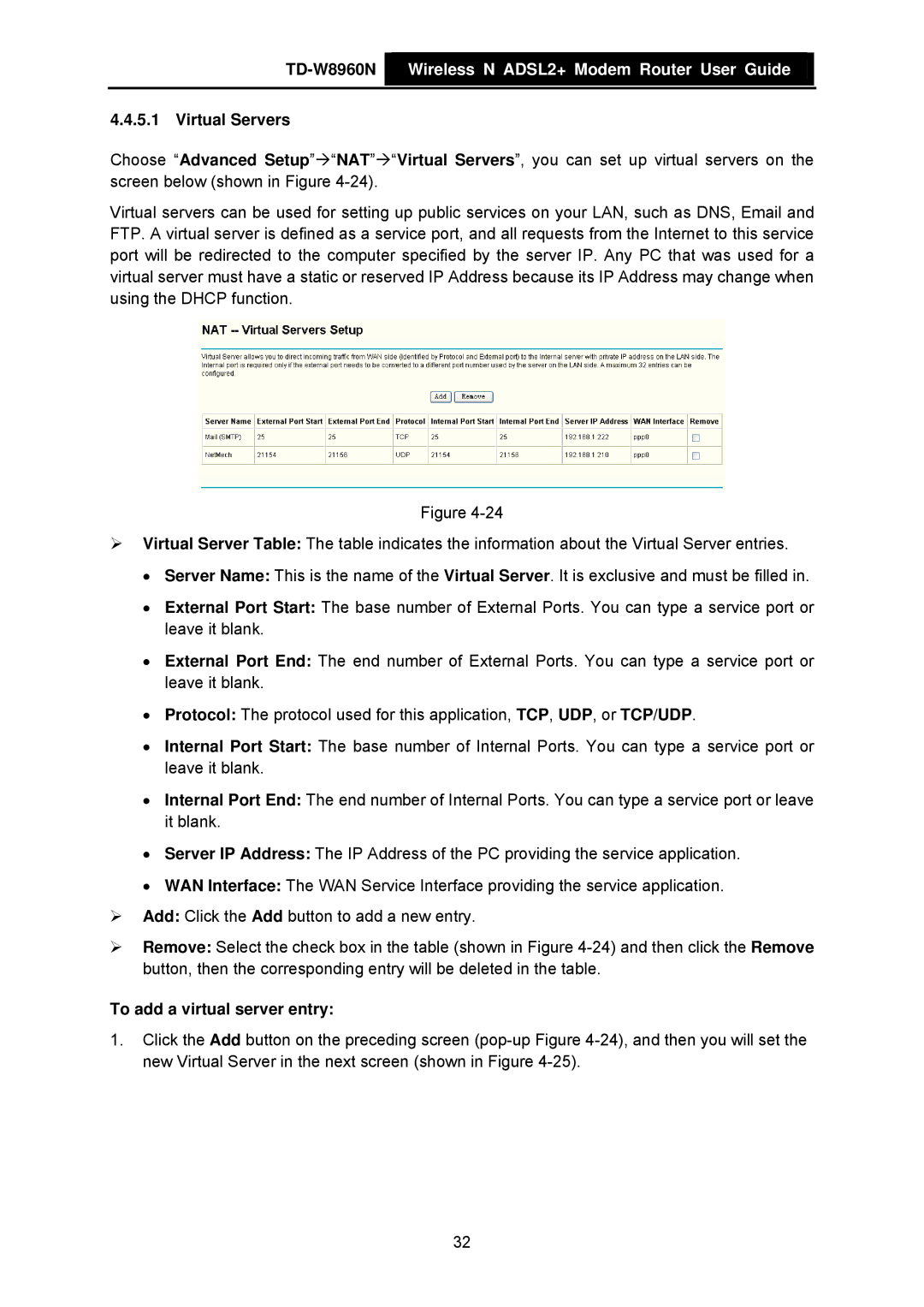 TP-Link TD-W8960N manual Virtual Servers, To add a virtual server entry 