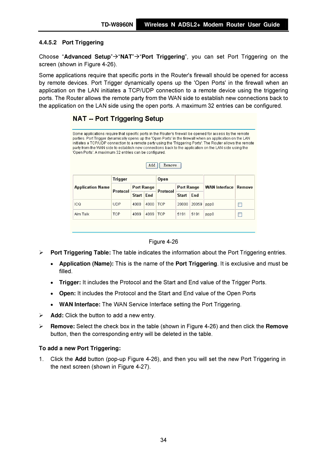 TP-Link TD-W8960N manual To add a new Port Triggering 