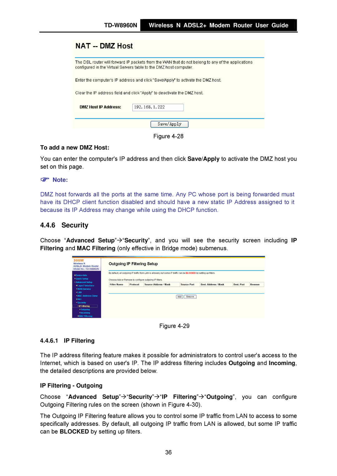 TP-Link TD-W8960N manual Security, To add a new DMZ Host, IP Filtering 