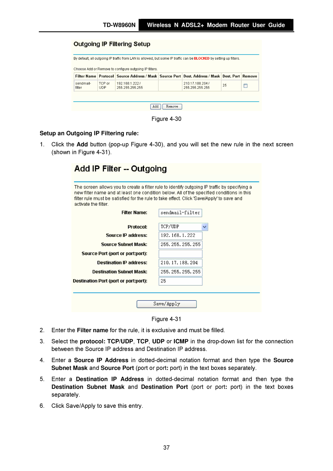 TP-Link TD-W8960N manual Setup an Outgoing IP Filtering rule 