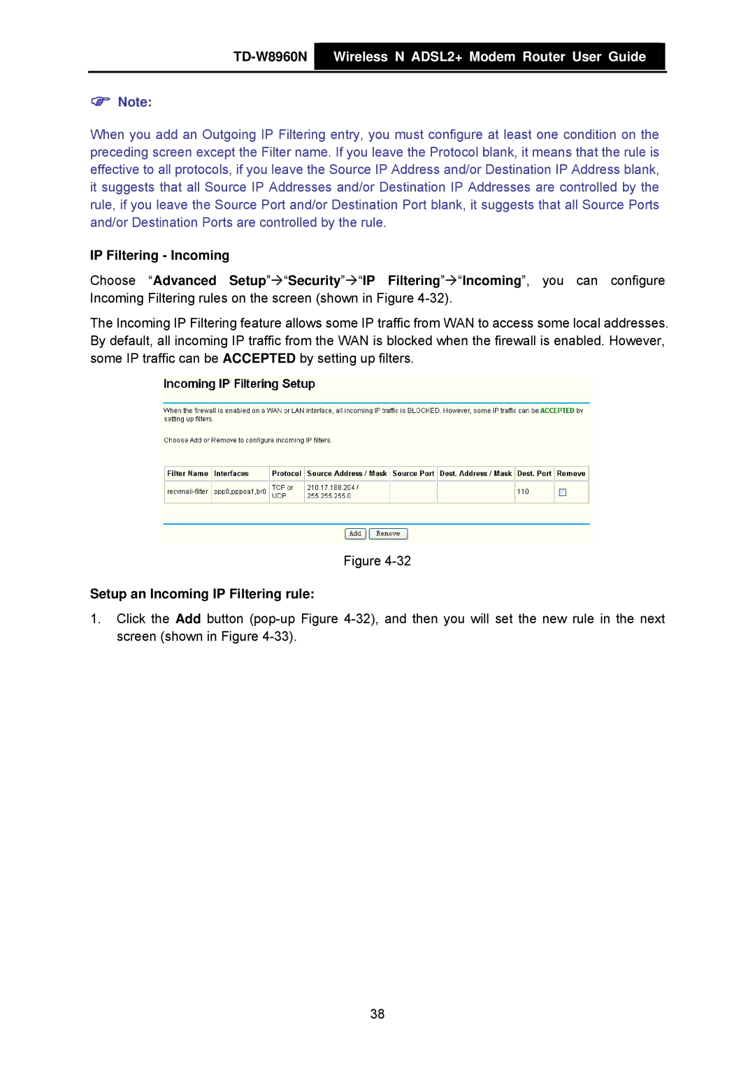 TP-Link TD-W8960N manual Setup an Incoming IP Filtering rule 