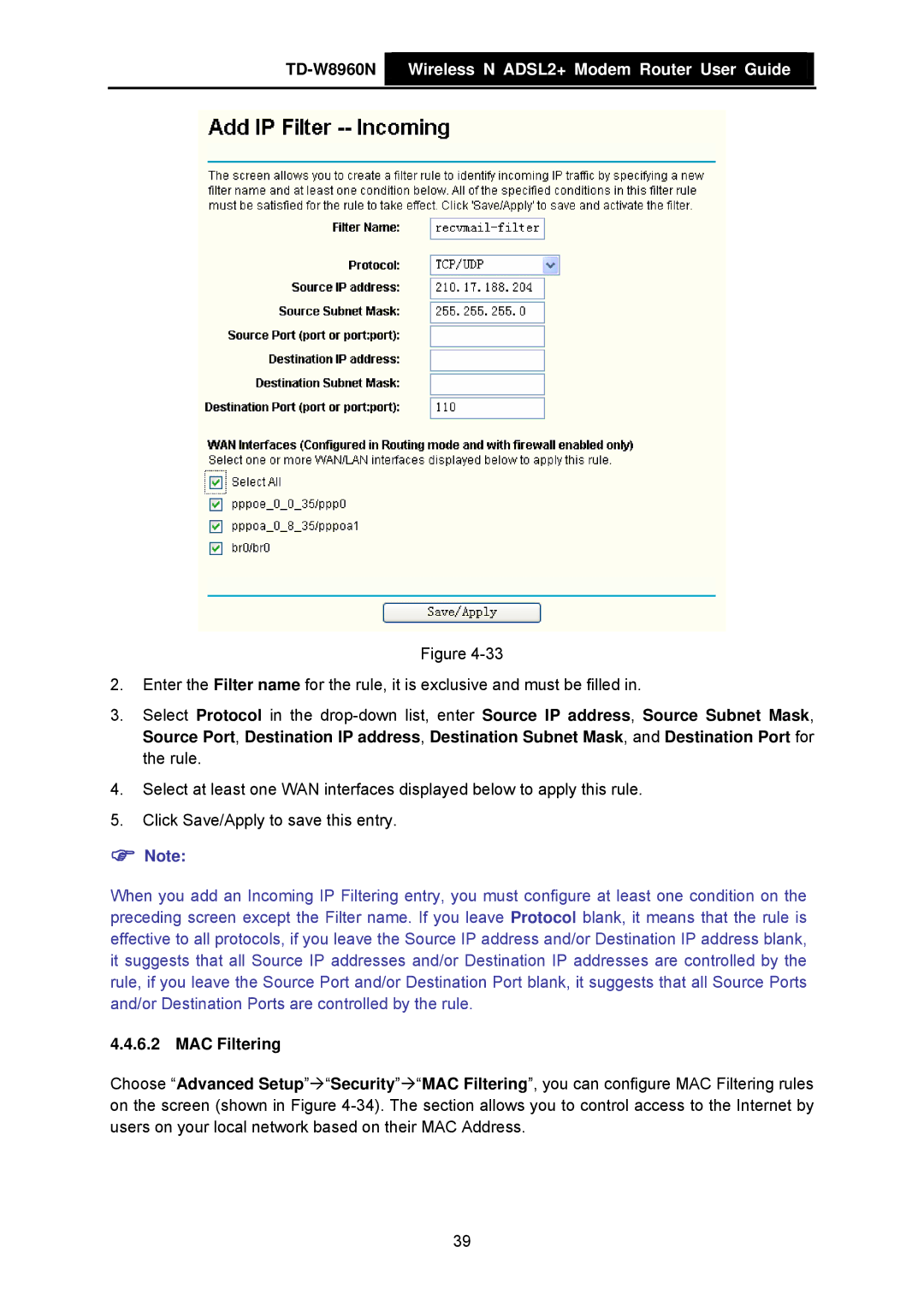 TP-Link TD-W8960N manual MAC Filtering 