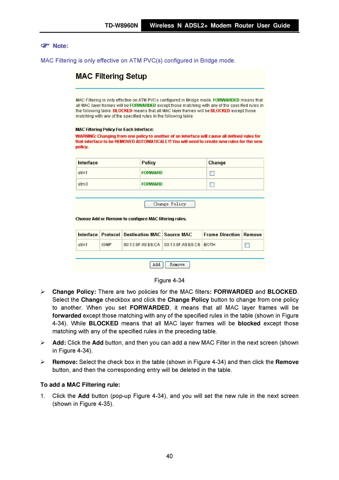 TP-Link TD-W8960N manual To add a MAC Filtering rule 