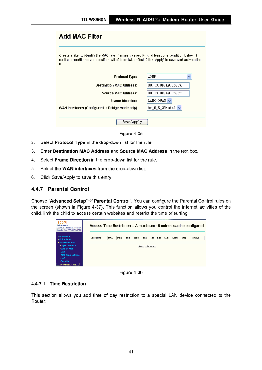 TP-Link TD-W8960N manual Parental Control, Time Restriction 