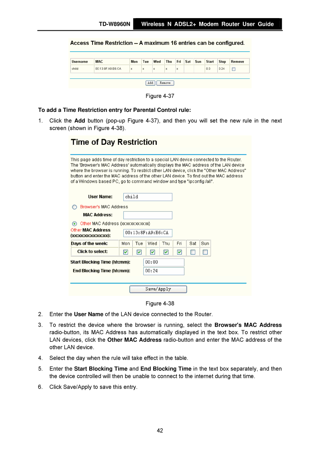 TP-Link TD-W8960N manual To add a Time Restriction entry for Parental Control rule 