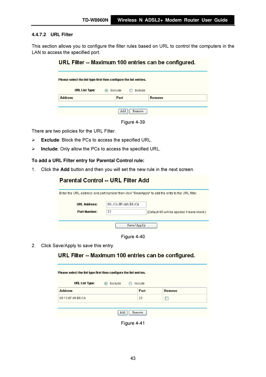 TP-Link TD-W8960N manual To add a URL Filter entry for Parental Control rule 