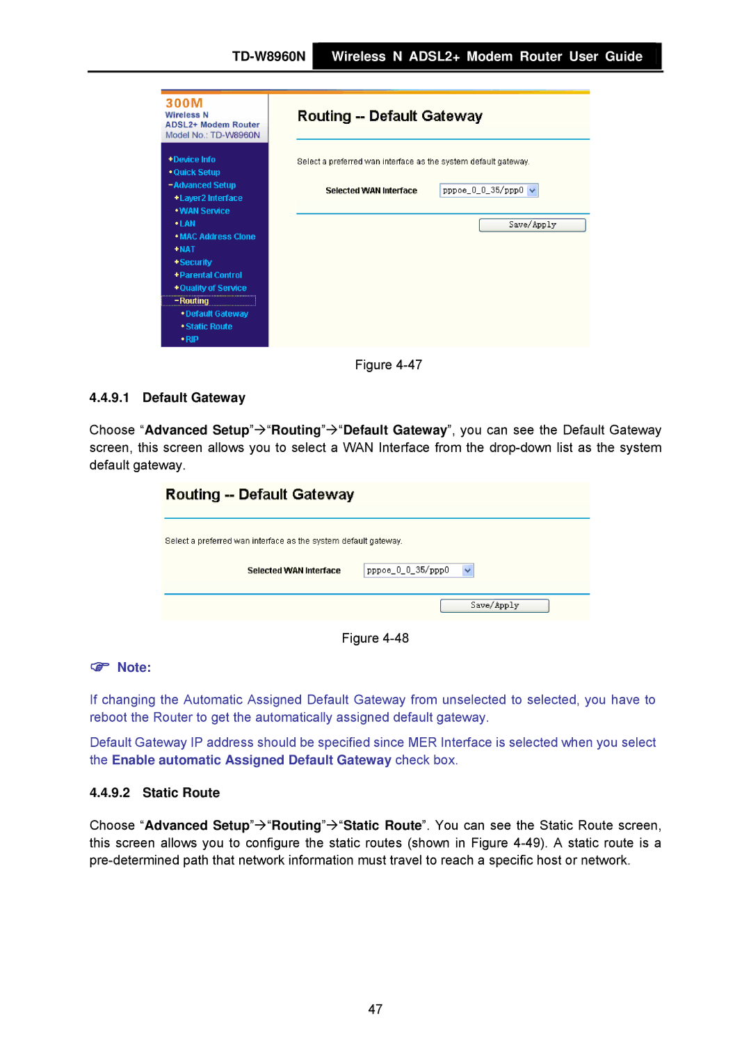 TP-Link TD-W8960N manual Default Gateway, Static Route 