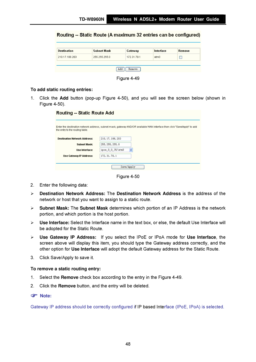 TP-Link TD-W8960N manual To add static routing entries, To remove a static routing entry 