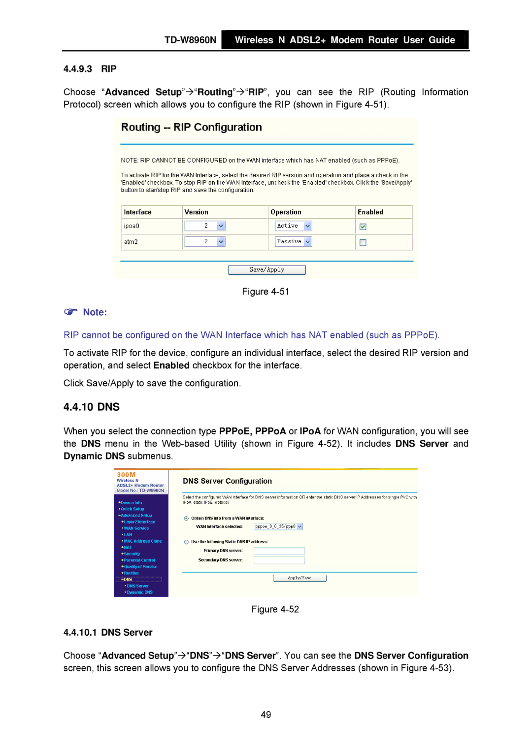 TP-Link TD-W8960N manual 10 DNS, 9.3 RIP, DNS Server 