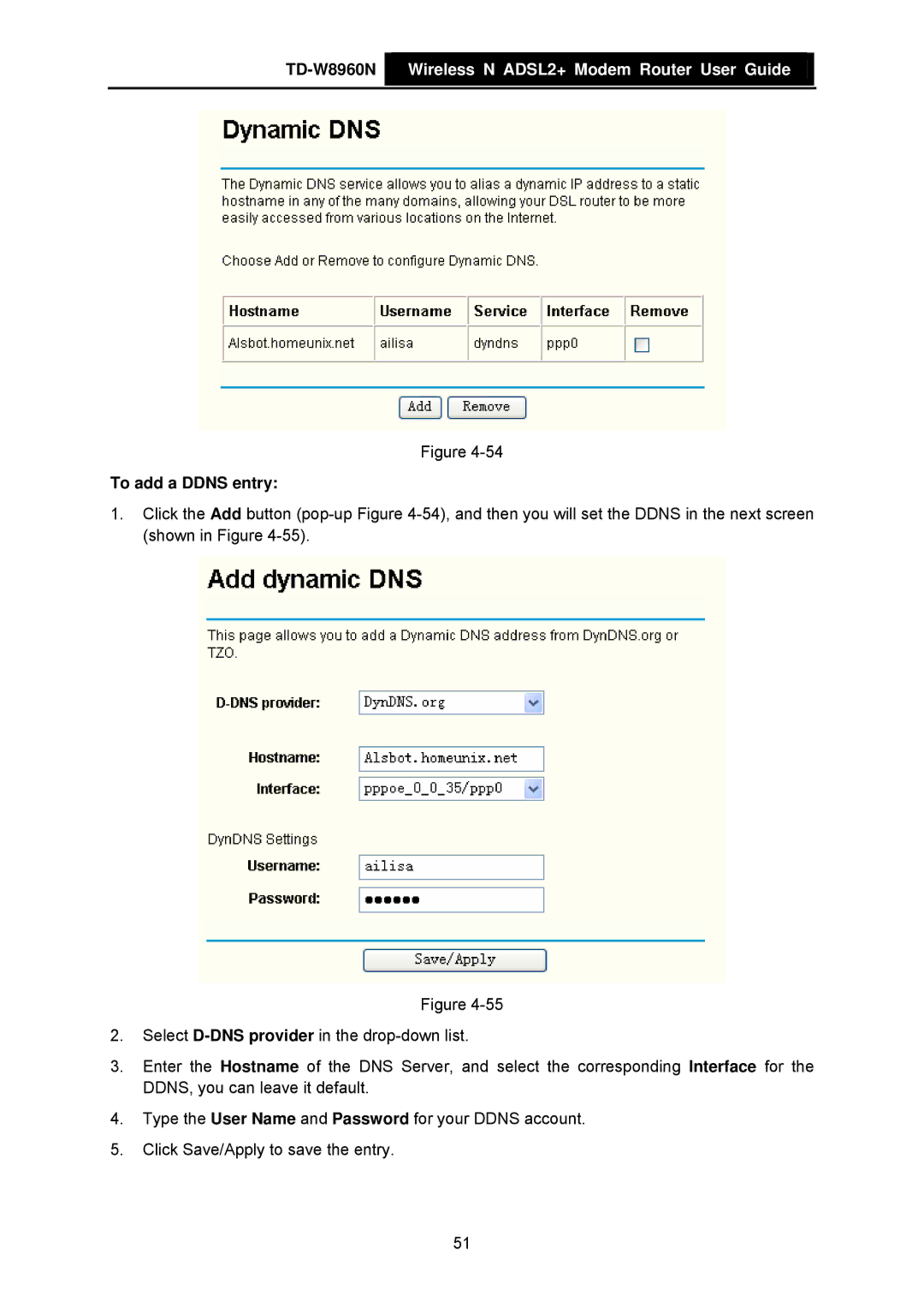 TP-Link TD-W8960N manual To add a Ddns entry 