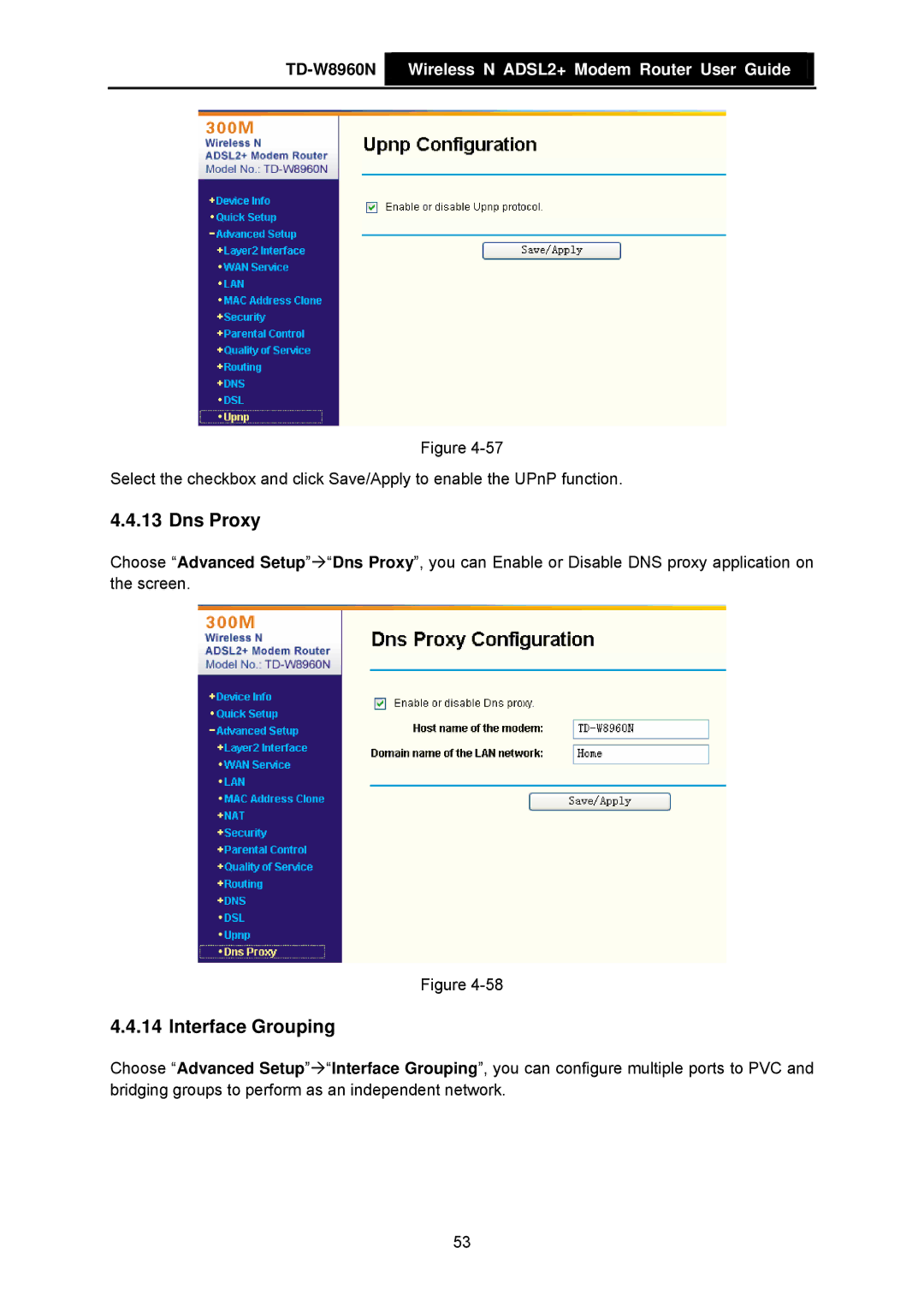 TP-Link TD-W8960N manual Dns Proxy, Interface Grouping 