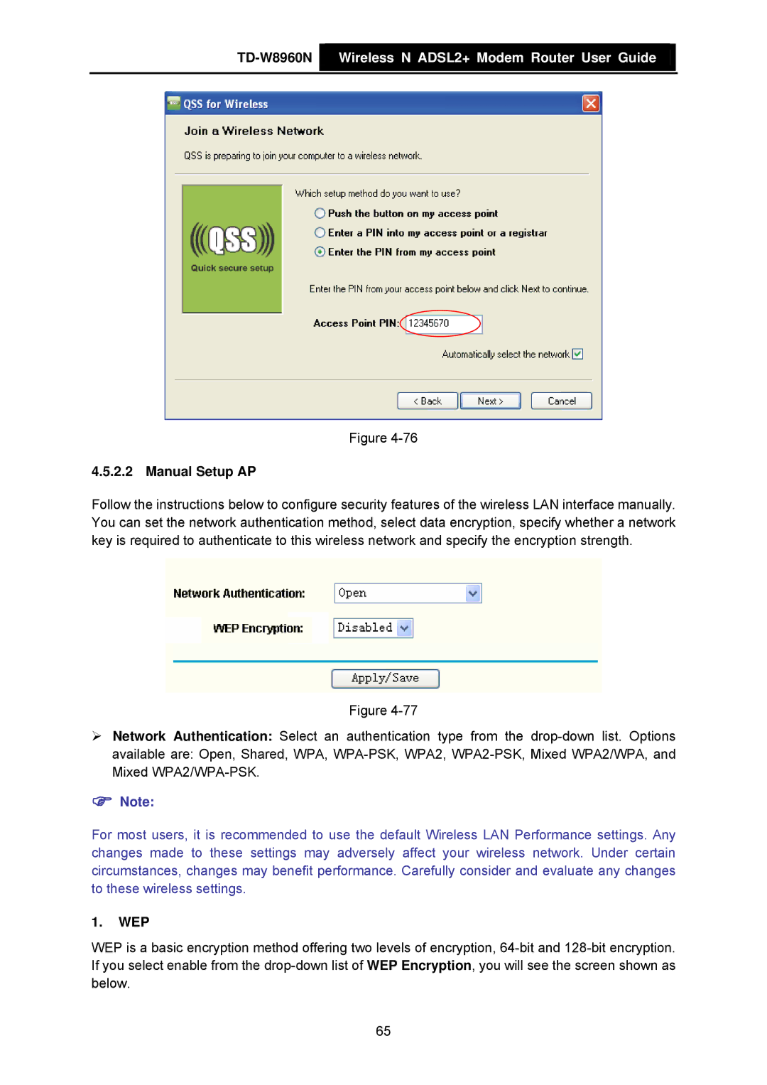 TP-Link TD-W8960N manual Manual Setup AP, Wep 