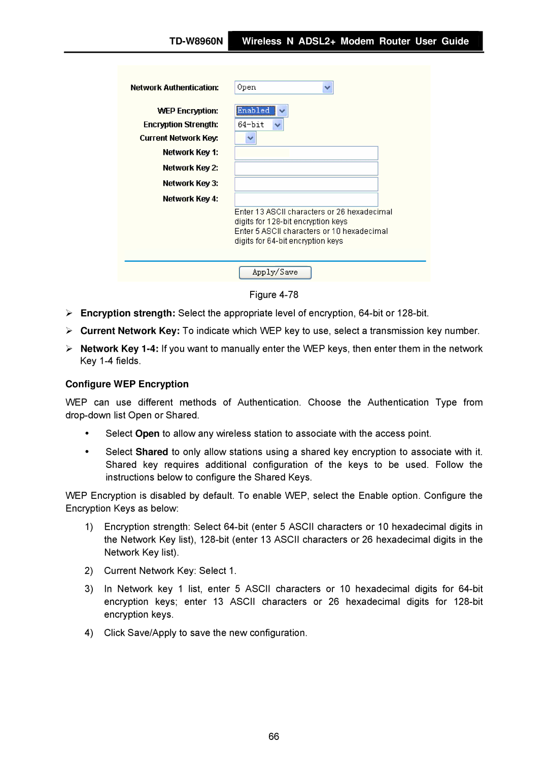 TP-Link TD-W8960N manual Configure WEP Encryption 