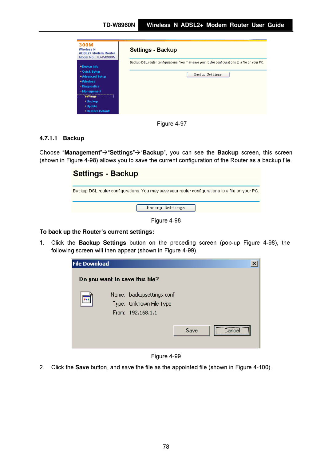 TP-Link TD-W8960N manual Backup, To back up the Router’s current settings 