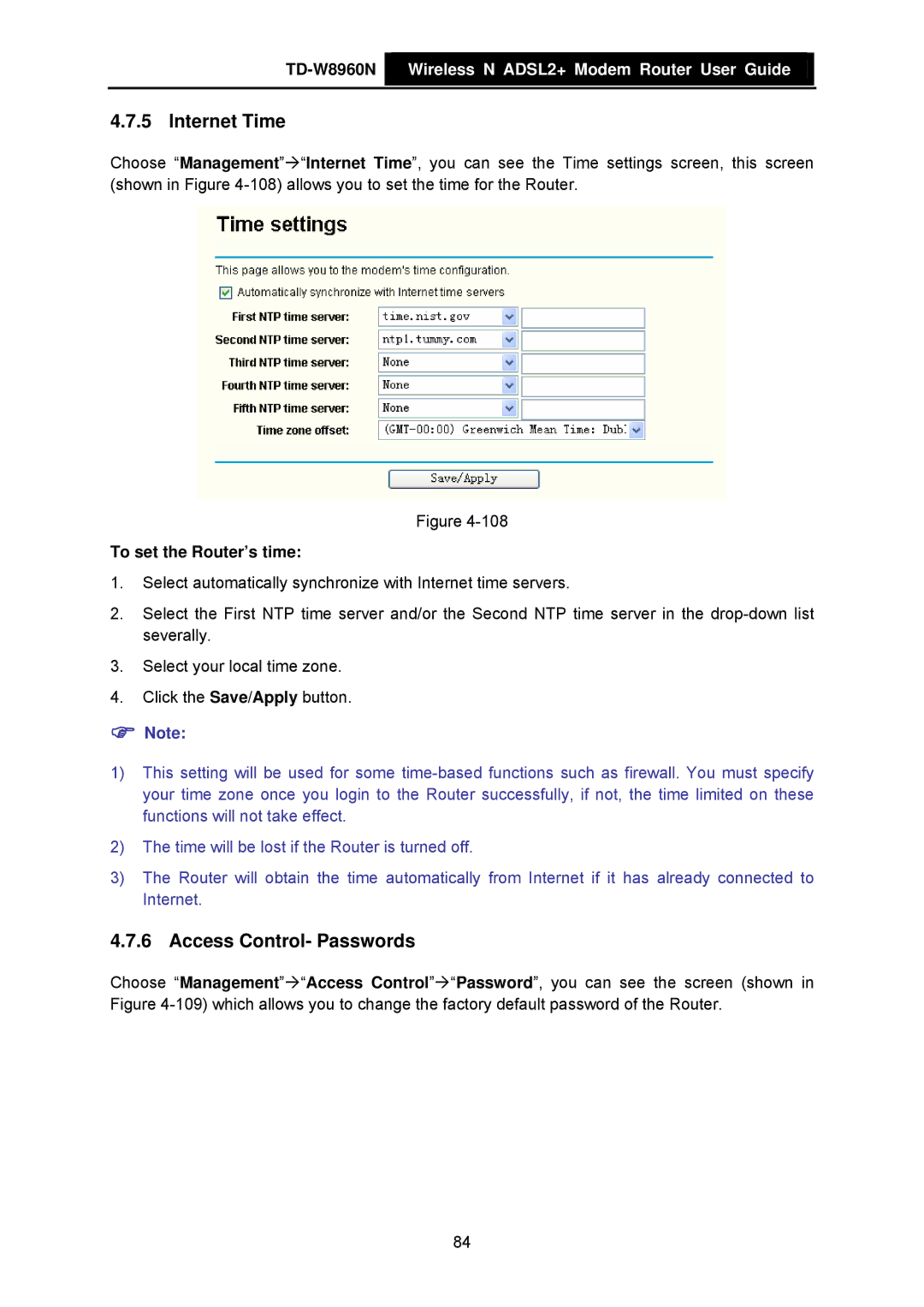 TP-Link TD-W8960N manual Internet Time, Access Control- Passwords, To set the Router’s time 