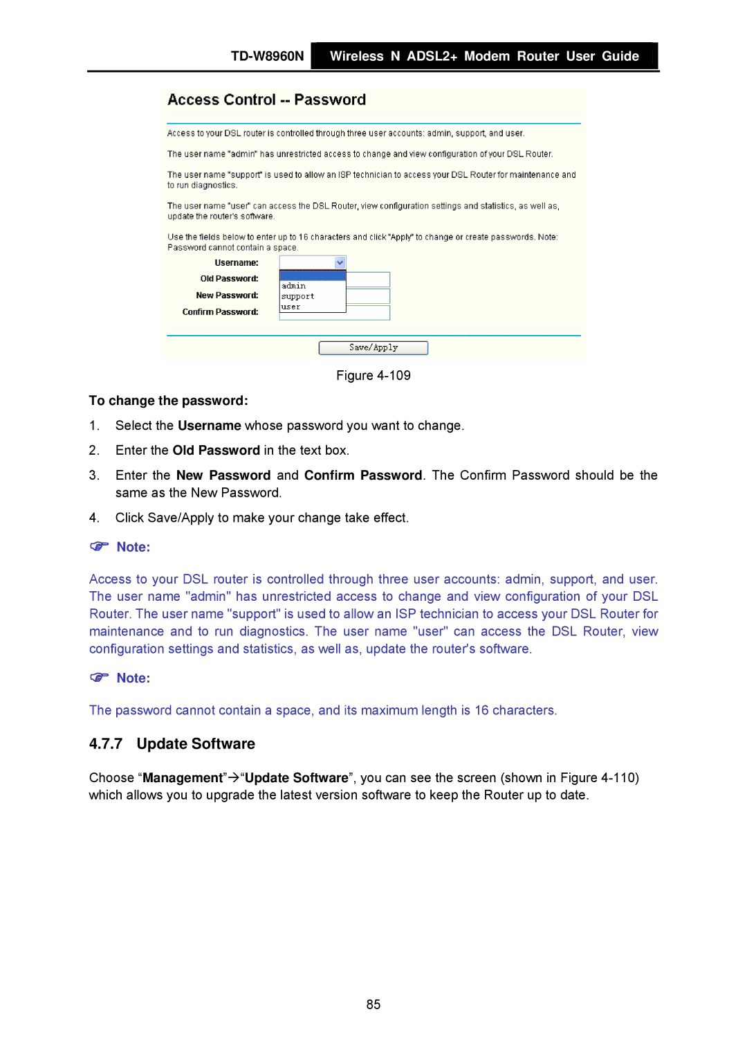 TP-Link TD-W8960N manual Update Software, To change the password 