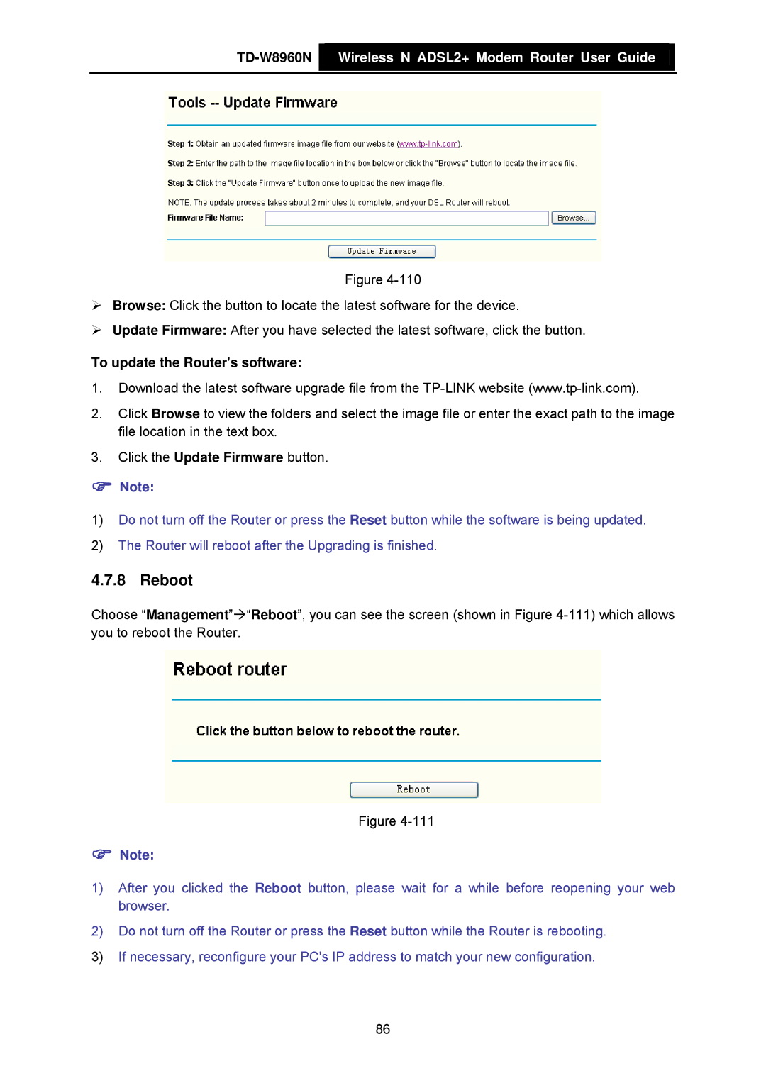 TP-Link TD-W8960N manual Reboot, To update the Routers software 