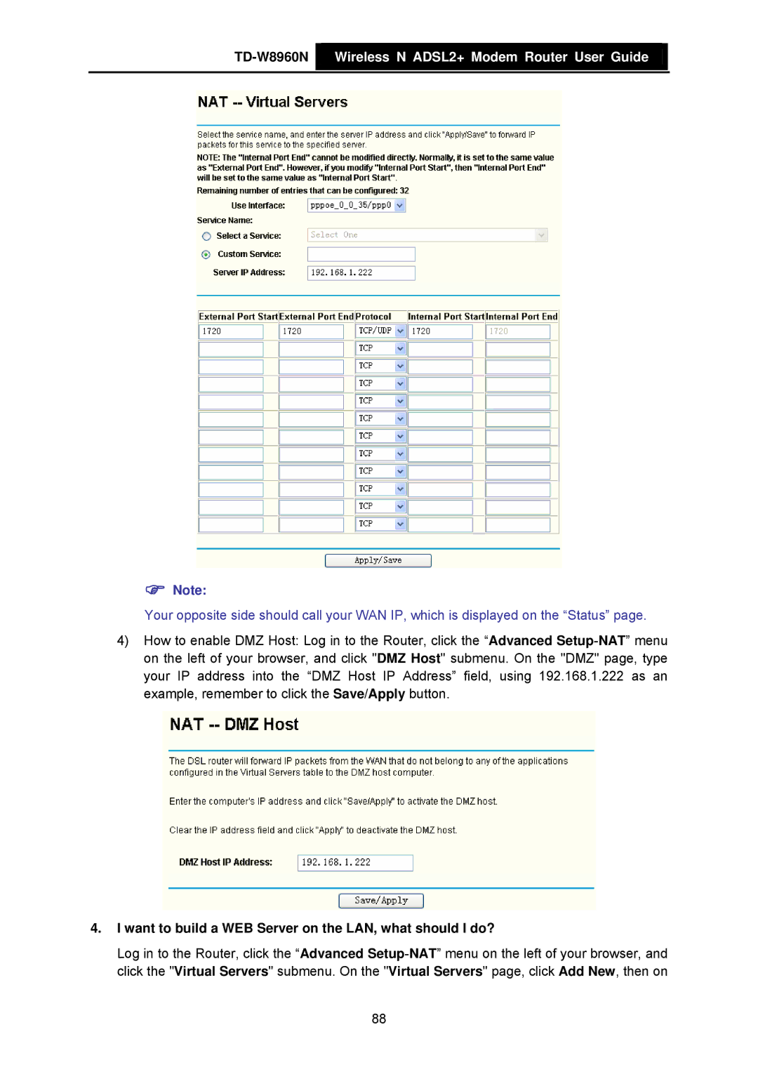 TP-Link TD-W8960N manual Want to build a WEB Server on the LAN, what should I do? 