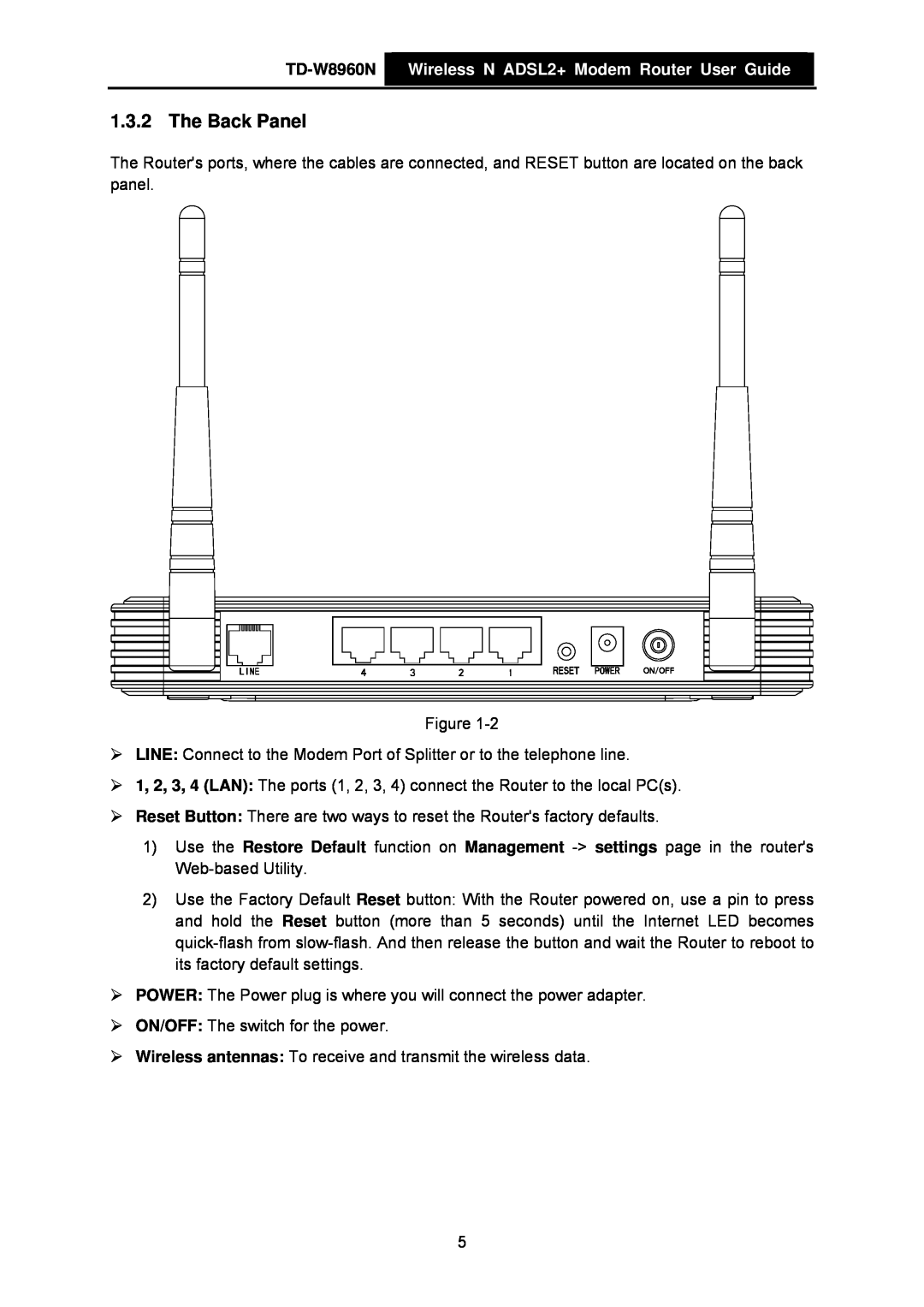 TP-Link manual The Back Panel, TD-W8960N Wireless N ADSL2+ Modem Router User Guide 