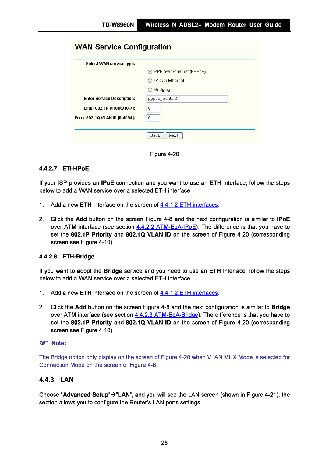 TP-Link manual 4.4.3 LAN, TD-W8960N Wireless N ADSL2+ Modem Router User Guide, ETH-IPoE, ETH-Bridge 