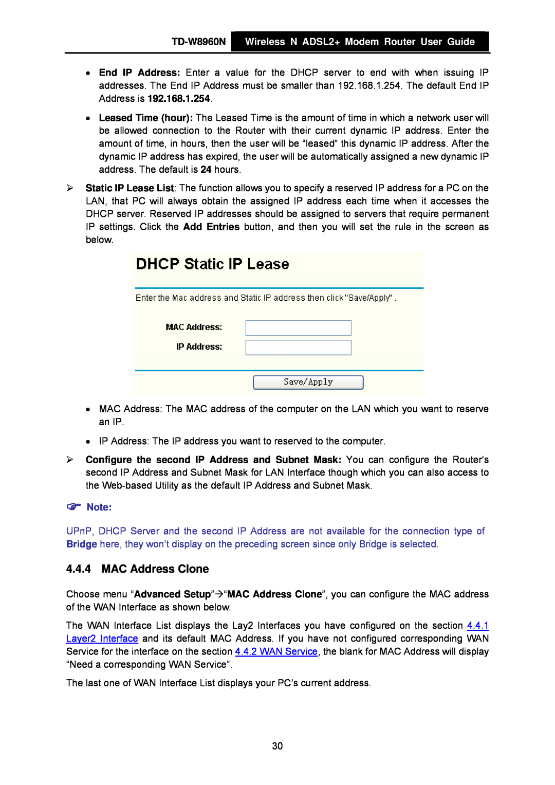 TP-Link manual MAC Address Clone, TD-W8960N Wireless N ADSL2+ Modem Router User Guide 