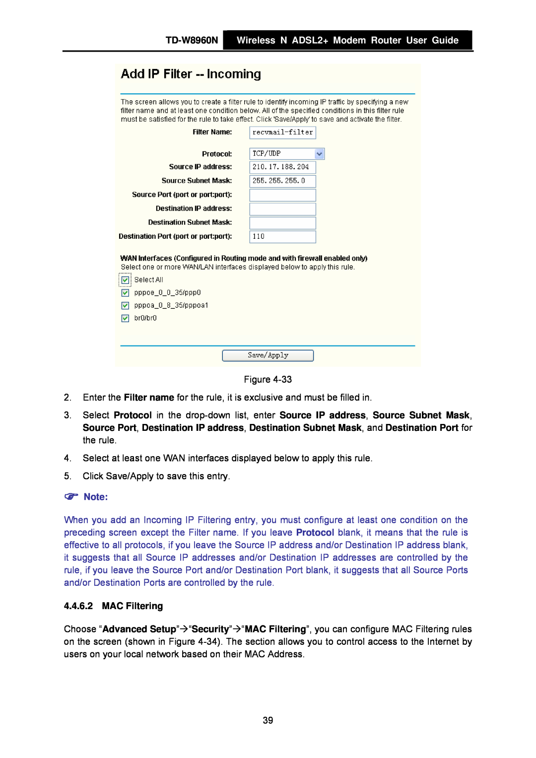 TP-Link manual TD-W8960N Wireless N ADSL2+ Modem Router User Guide, MAC Filtering 