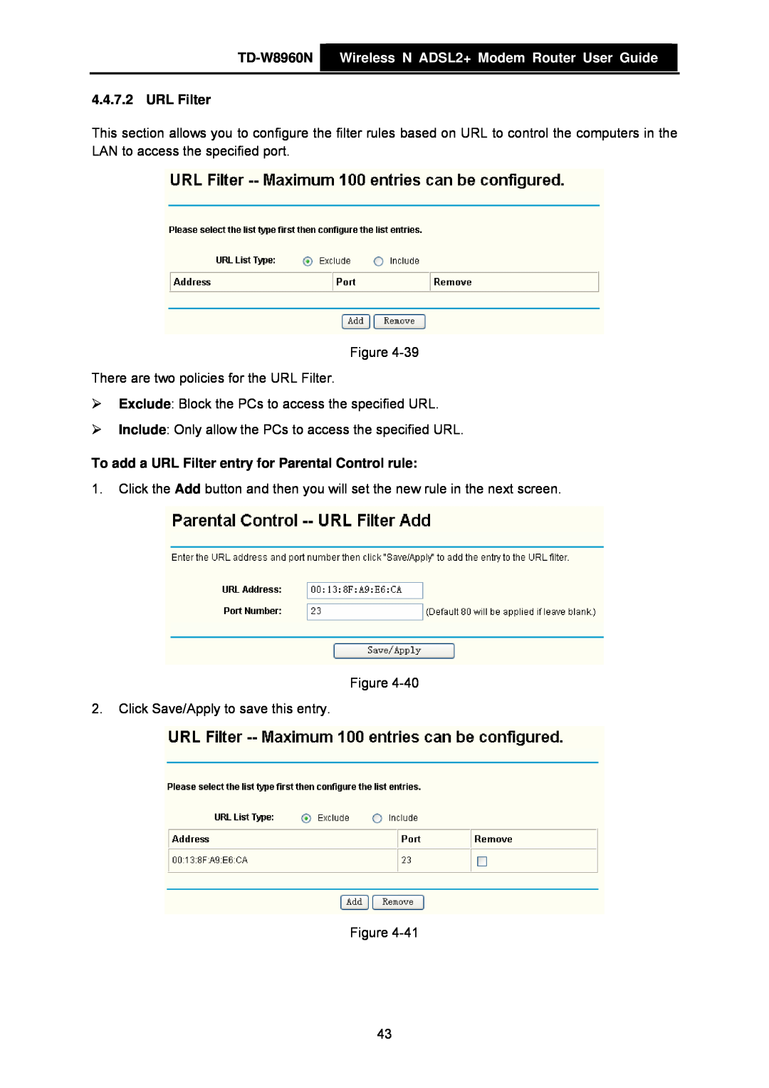 TP-Link manual TD-W8960N Wireless N ADSL2+ Modem Router User Guide, URL Filter 