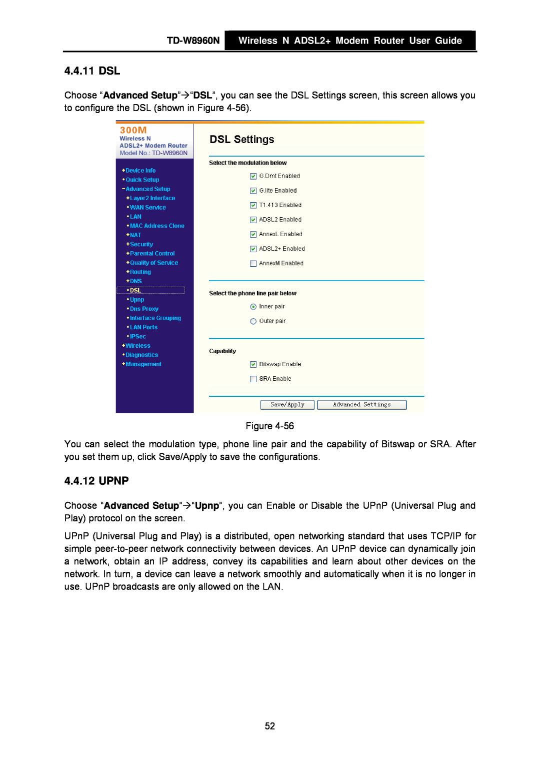 TP-Link manual 4.4.11 DSL, Upnp, TD-W8960N Wireless N ADSL2+ Modem Router User Guide 