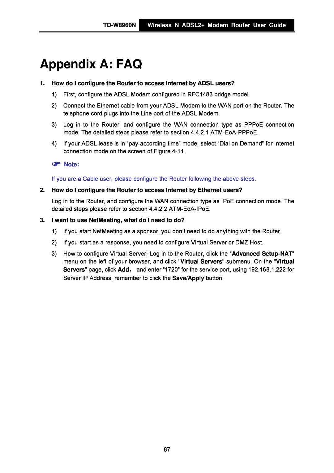 TP-Link manual Appendix A FAQ, TD-W8960N Wireless N ADSL2+ Modem Router User Guide 