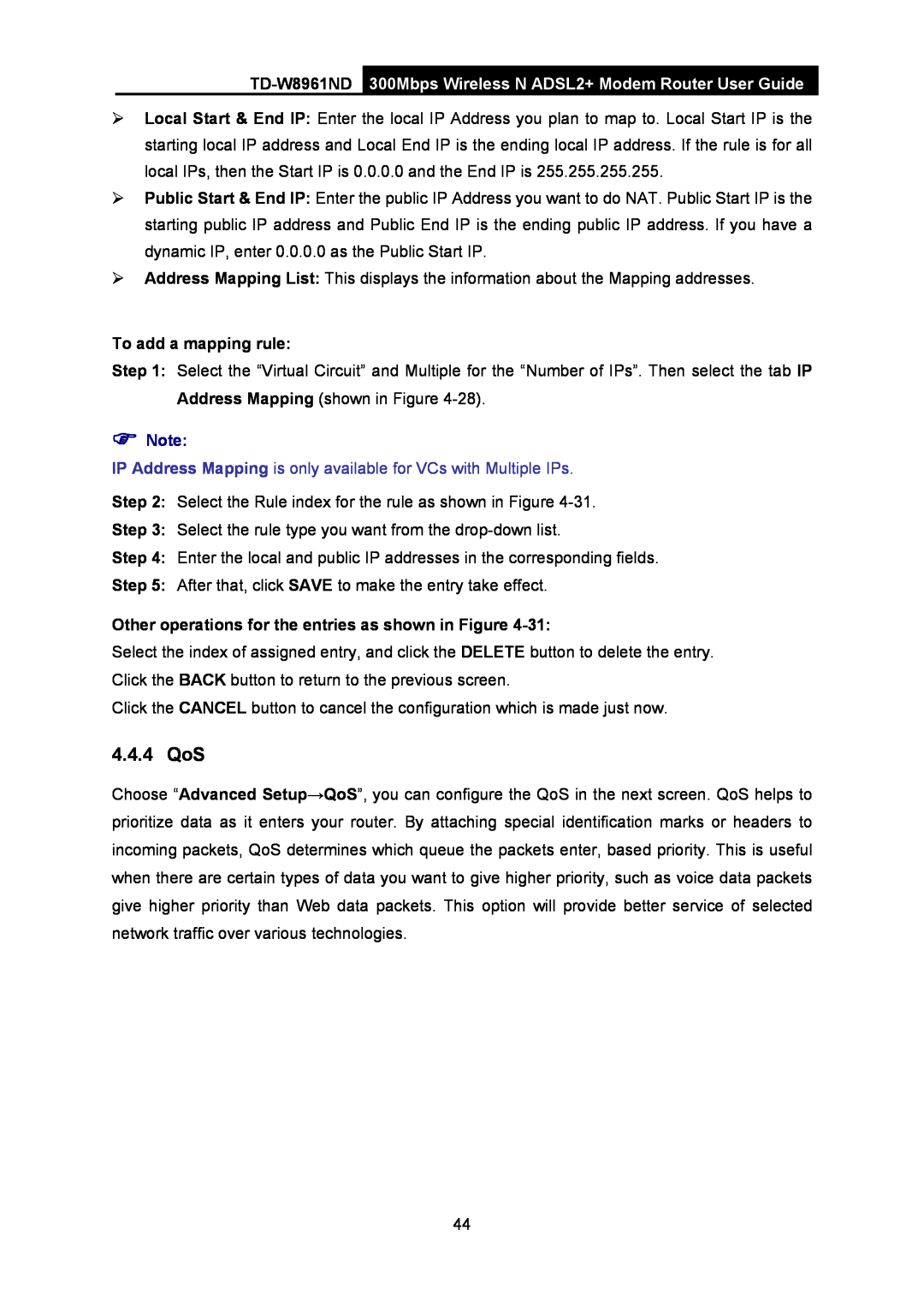 TP-Link td-w8961nd manual 4.4.4 QoS, TD-W8961ND, 300Mbps Wireless N ADSL2+ Modem Router User Guide, To add a mapping rule 