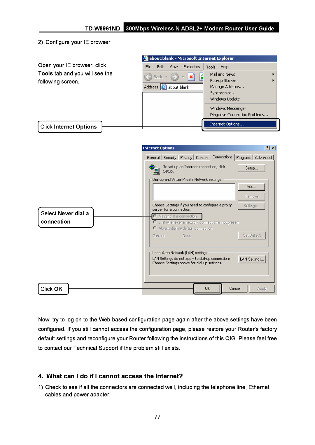 TP-Link td-w8961nd What can I do if I cannot access the Internet?, Click Internet Options Select Never dial a connection 