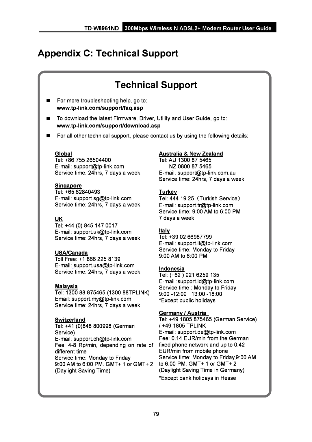 TP-Link td-w8961nd Appendix C Technical Support Technical Support, Global, Singapore, USA/Canada, Malaysia, Switzerland 