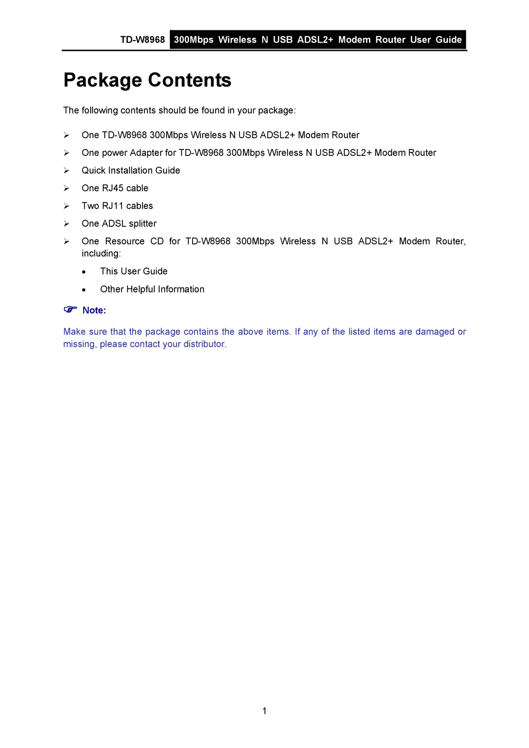 TP-Link TD-W8968 manual Package Contents 