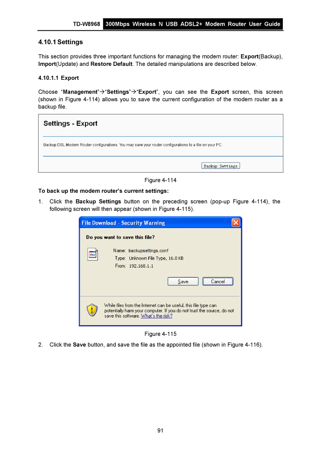 TP-Link TD-W8968 manual Settings, Export, To back up the modem router’s current settings 