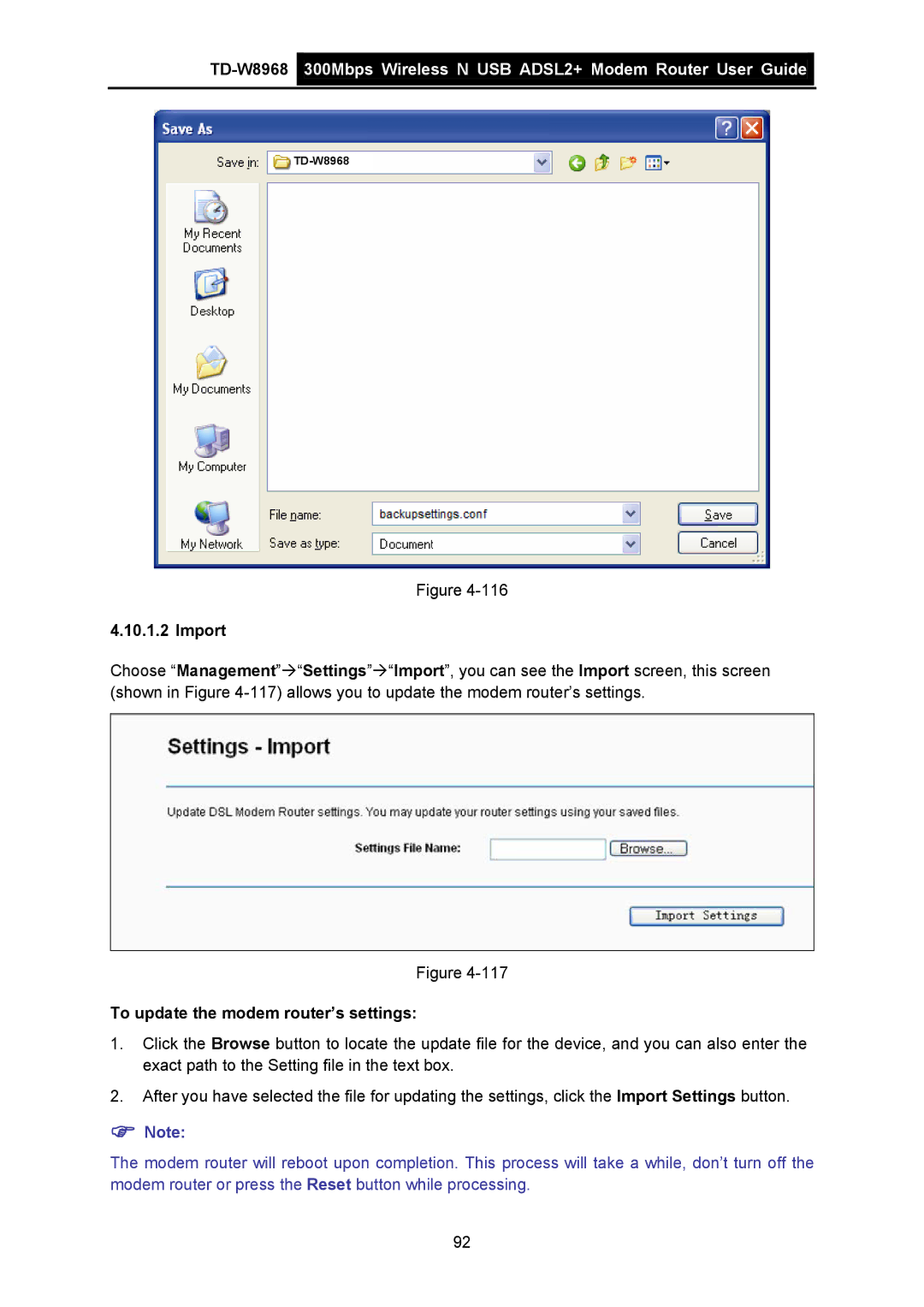 TP-Link TD-W8968 manual Import, To update the modem router’s settings 