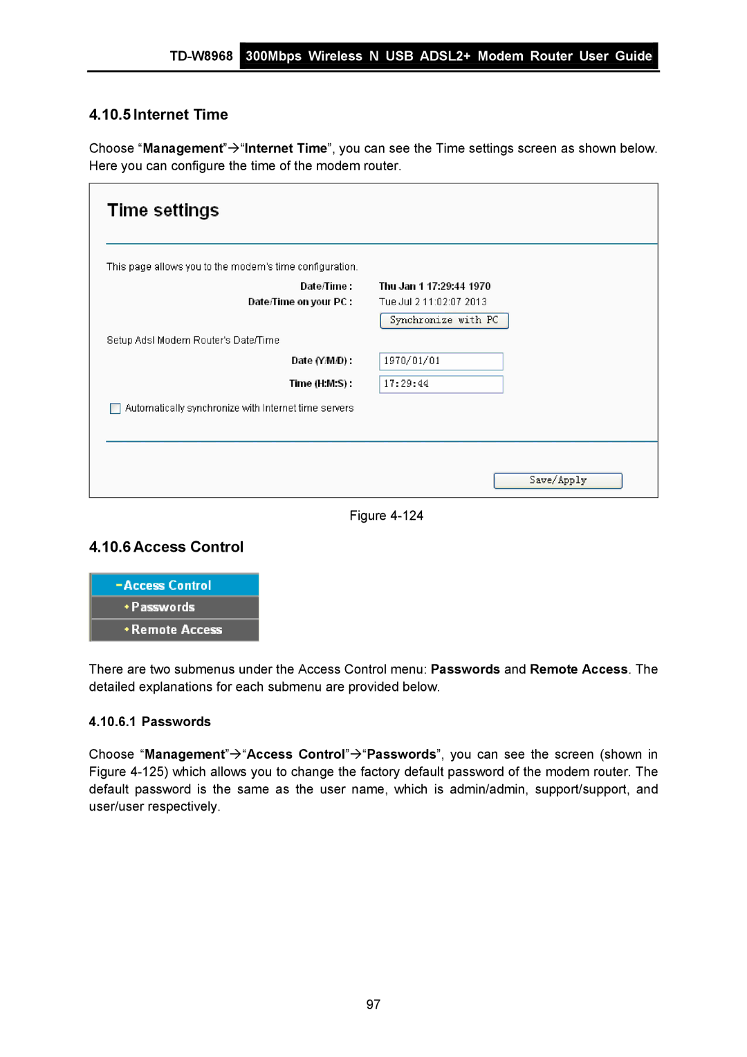 TP-Link TD-W8968 manual Internet Time, Access Control, Passwords 