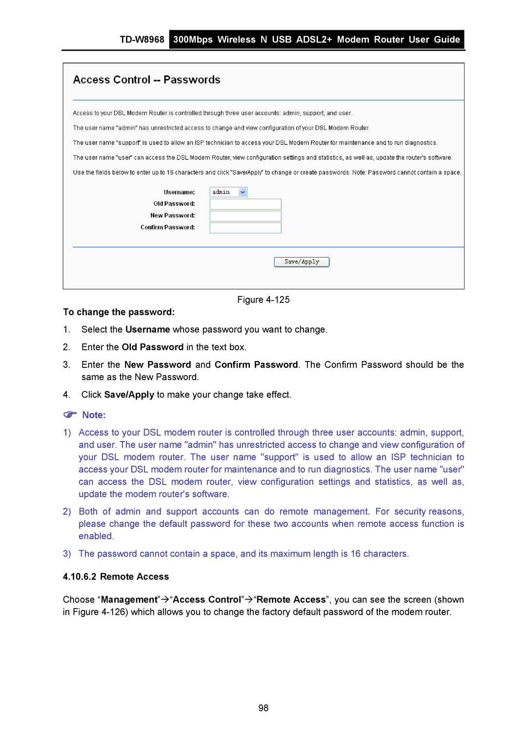 TP-Link TD-W8968 manual To change the password, Remote Access 