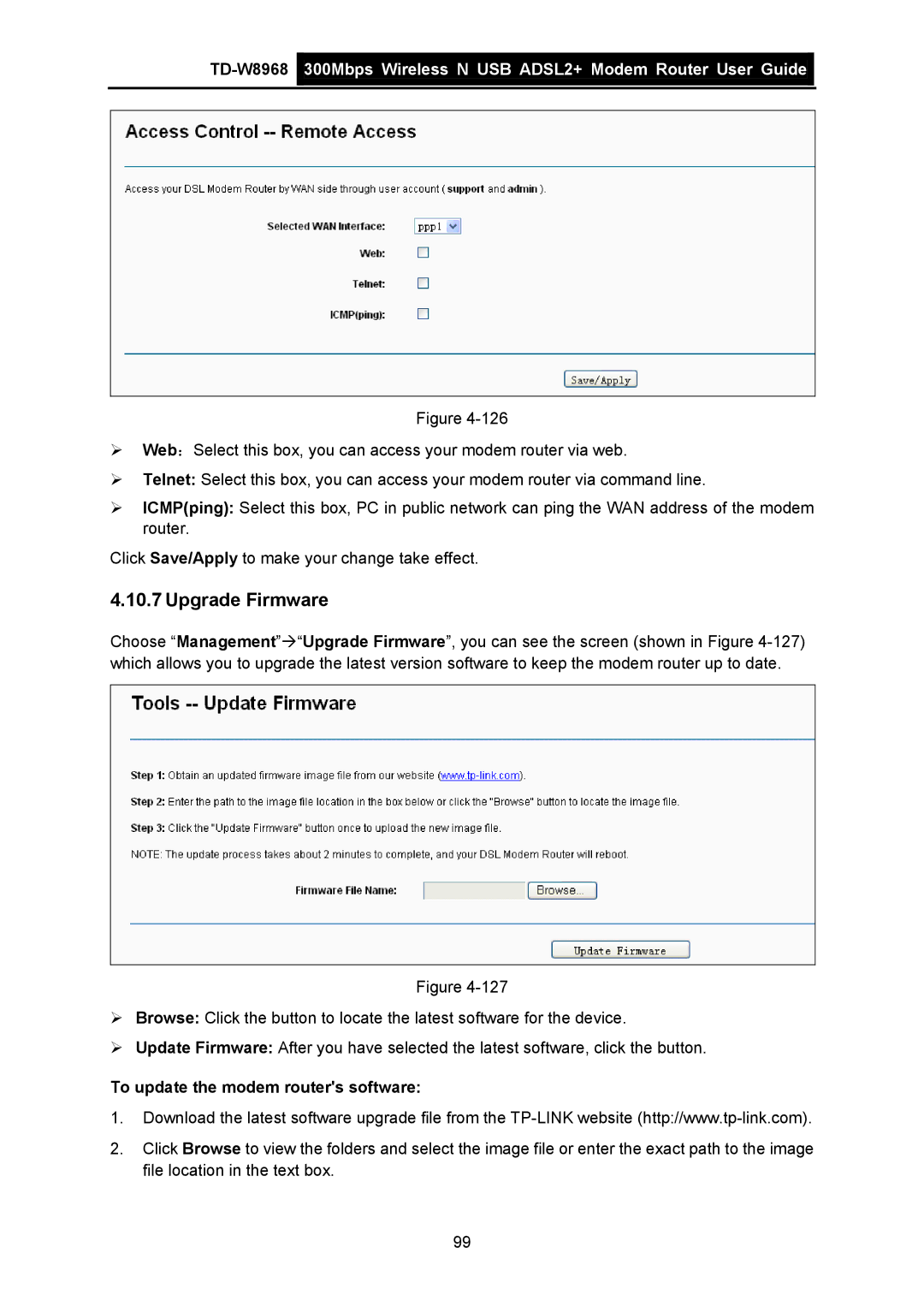 TP-Link TD-W8968 manual Upgrade Firmware, To update the modem routers software 