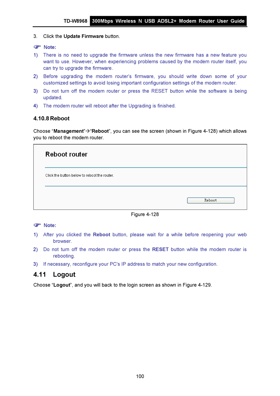 TP-Link TD-W8968 manual Logout, Reboot 